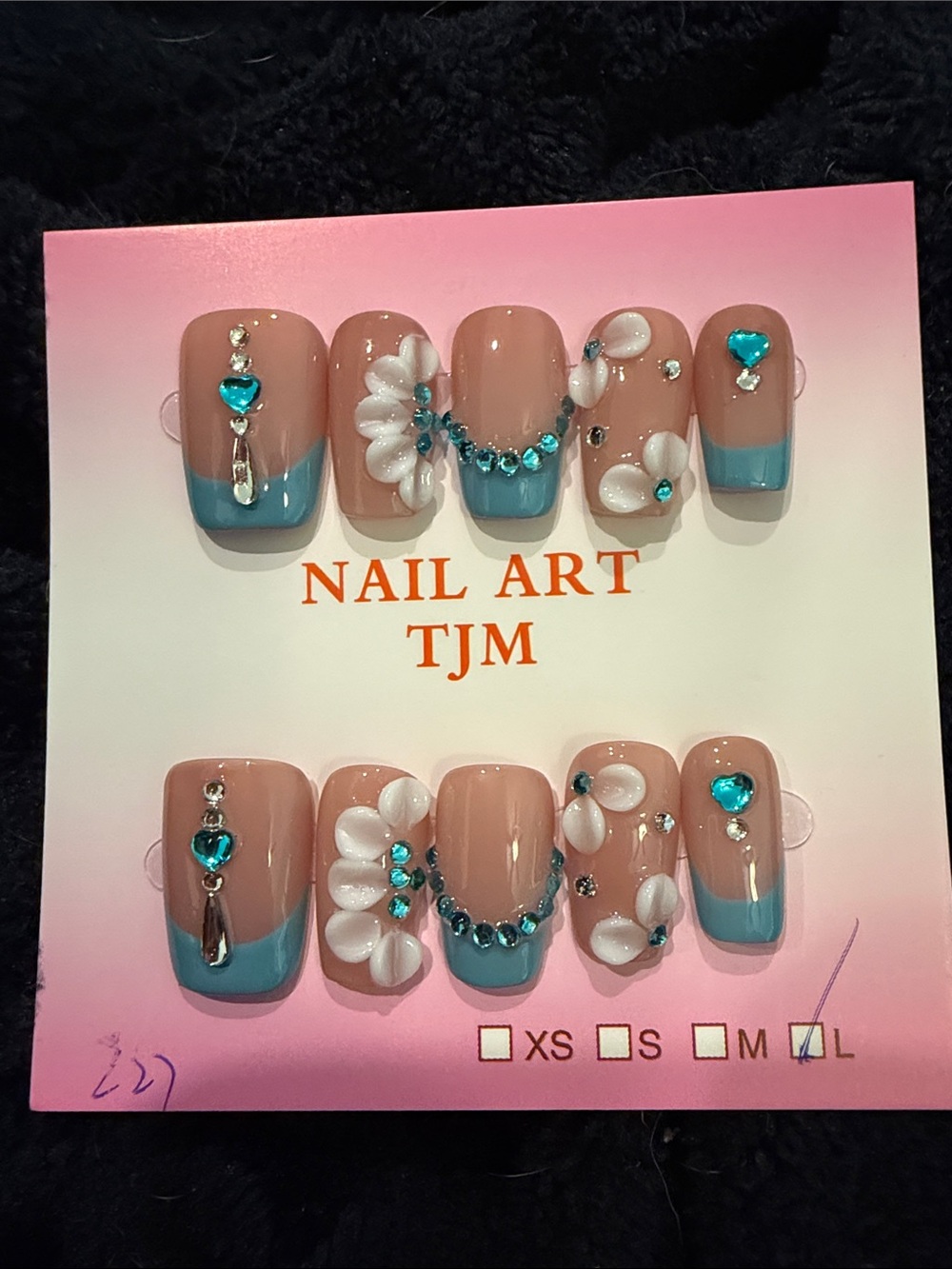 Blue Accent Nude handmade acrylic Press-On Nails with Gems